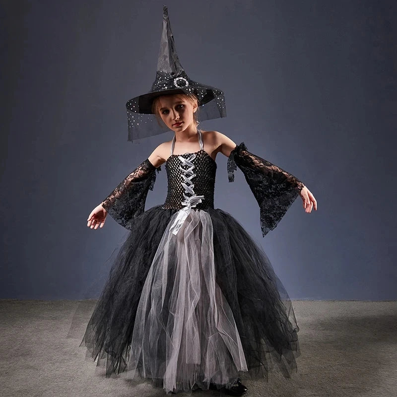 Girls Gothic Halloween Ghost Witch Costume Trumpet Sleeve Children's Robe Ballet Tutu Dress - product image 1