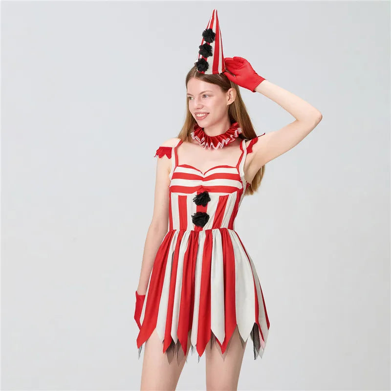 Women's Red Circus Clown Costume – Striped Mini Dress with Accessories