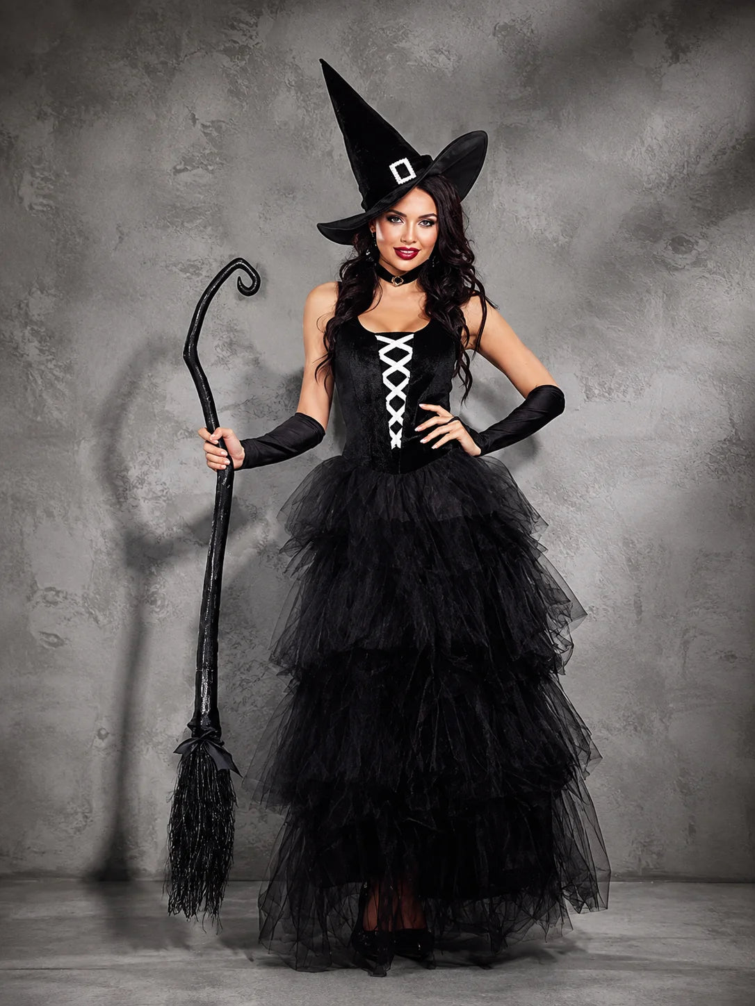 Women's Gothic Witch Costume – Tulle Gown, Hat & Accessories