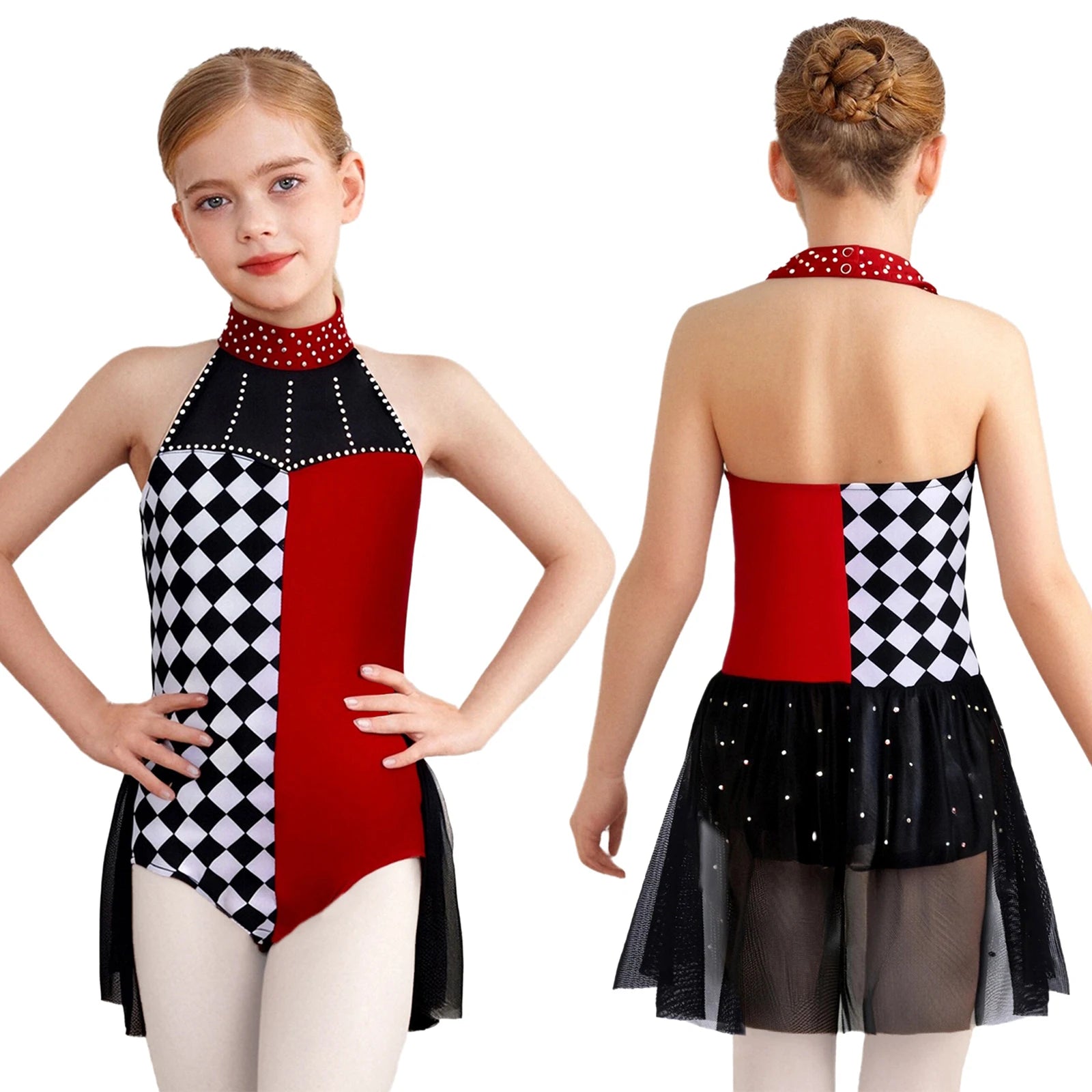 Girls Circus Clown Performance Costume Halloween Plaid Halter Sleeveless Dance Leotard - 6 / Black Rose