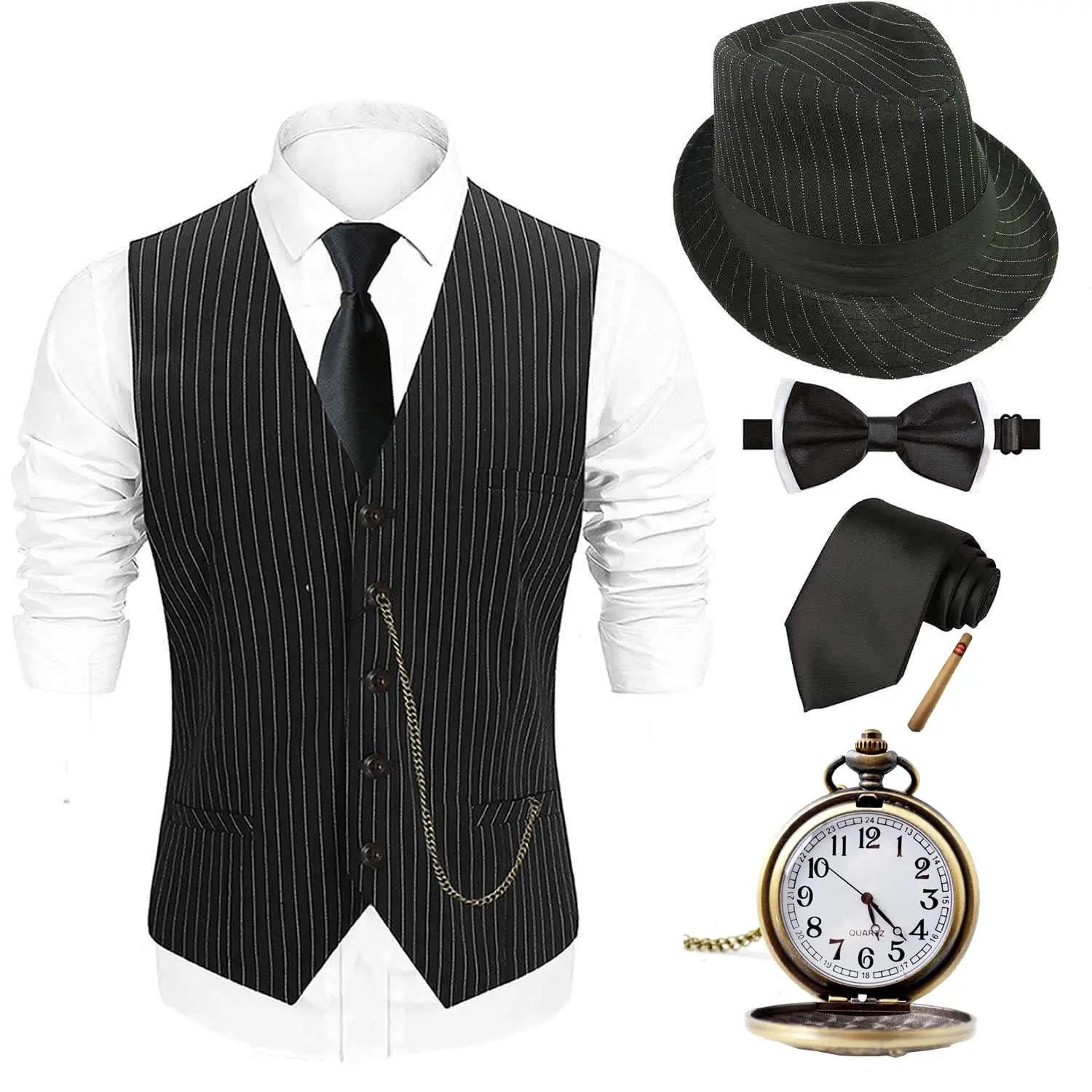 1920s Mens Costume ,Gatsby Gangster Vest,Vintage Pocket Watch,Pre Tied Bow Tie