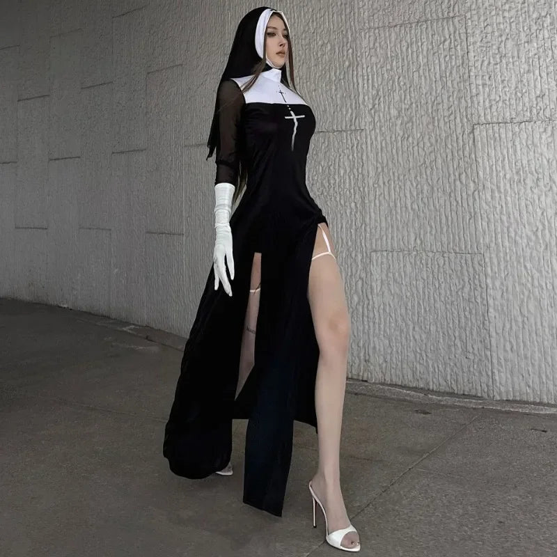 Halloween Anime Costume Sexy Nun Dress Women Fancy Gothic Robe Black Uniform Adult Themed - suit D / XL