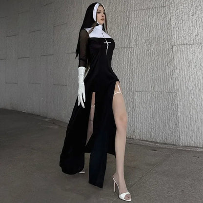 Halloween Anime Costume Sexy Nun Dress Women Fancy Gothic Robe Black Uniform Adult Themed - suit D / XL