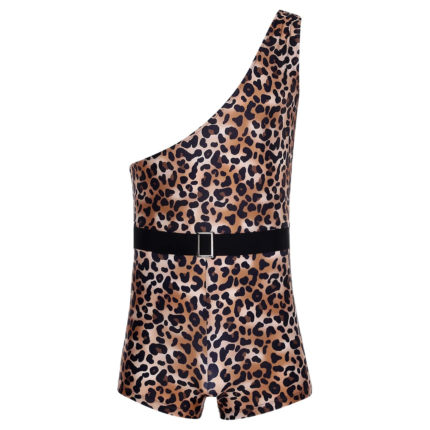 Men Halloween Primitive Man Caveman Strongman Costume One Shoulder Printed Bodysuit with - Leopard / L