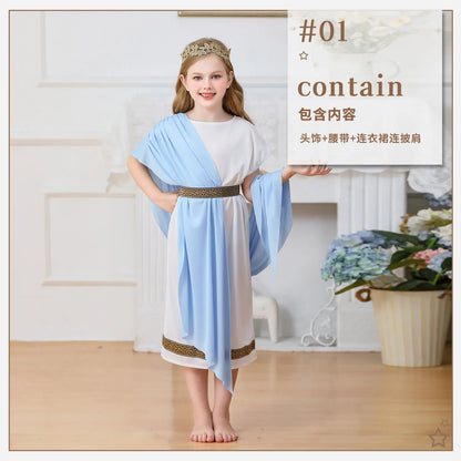 Kids Greek Mythology Costume White Roman Toga Robe Halloween Easter Costume Up Outfit - A / 130cm