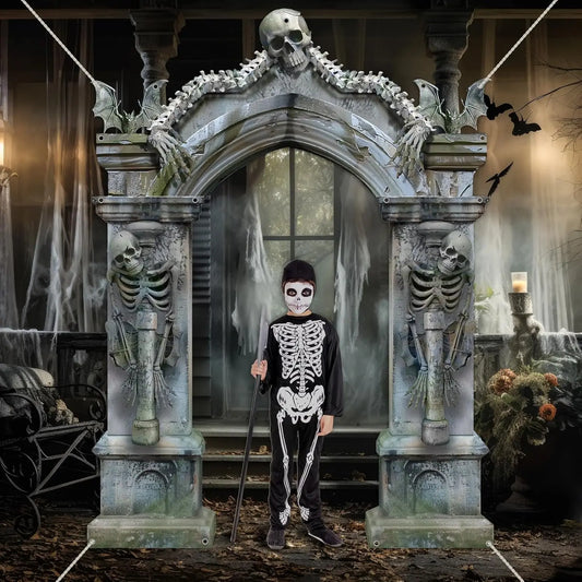 Halloween Skeleton Party Decorations Scary Tombstones Door Banner Creepy Bats Photo Booth - Discount Halloween City