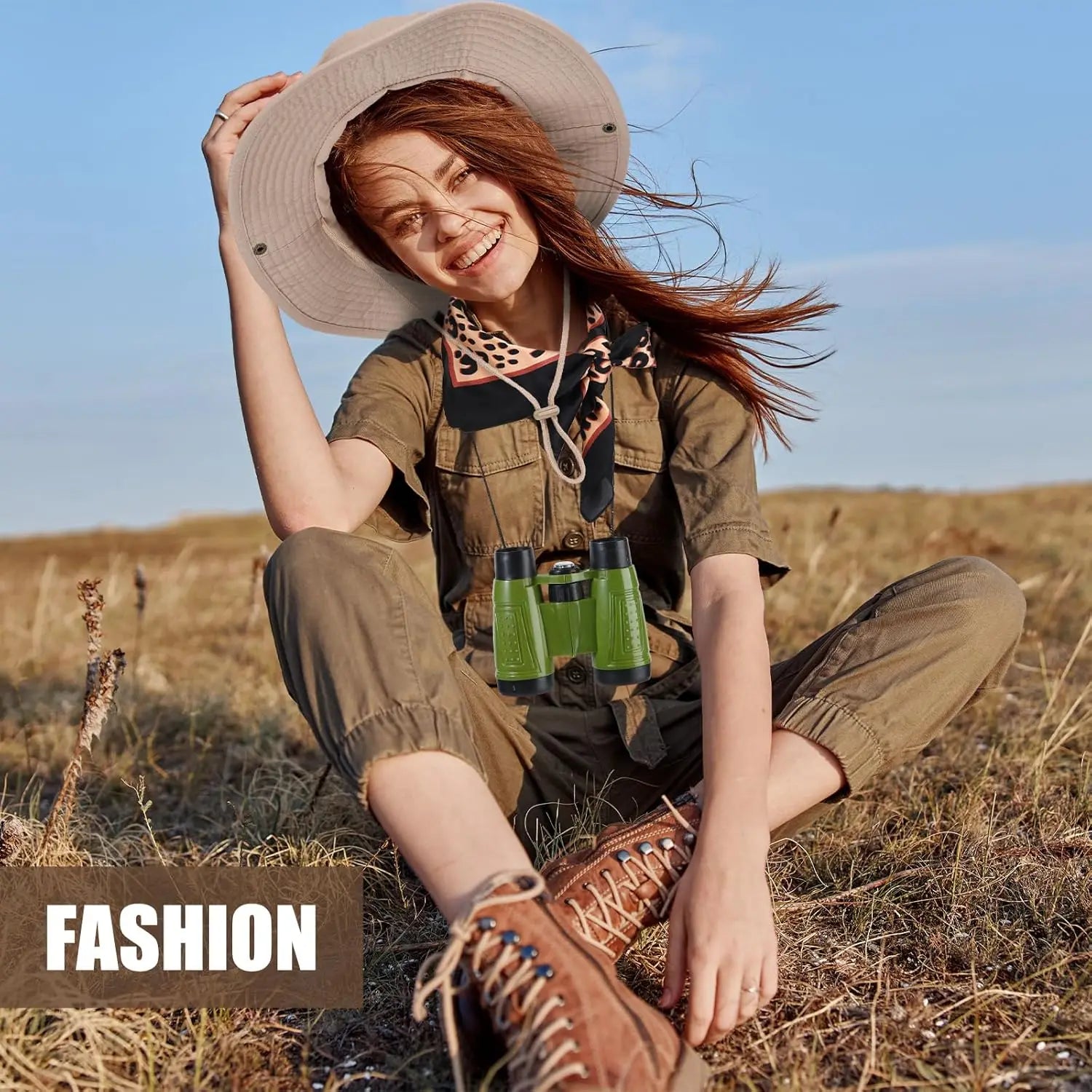 Women's Safari Costume Accessories – Hat, Leopard Scarf & Binoculars