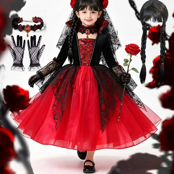 Girls Gothic Vampire Costume – Black & Red Dress or Accessory Sets