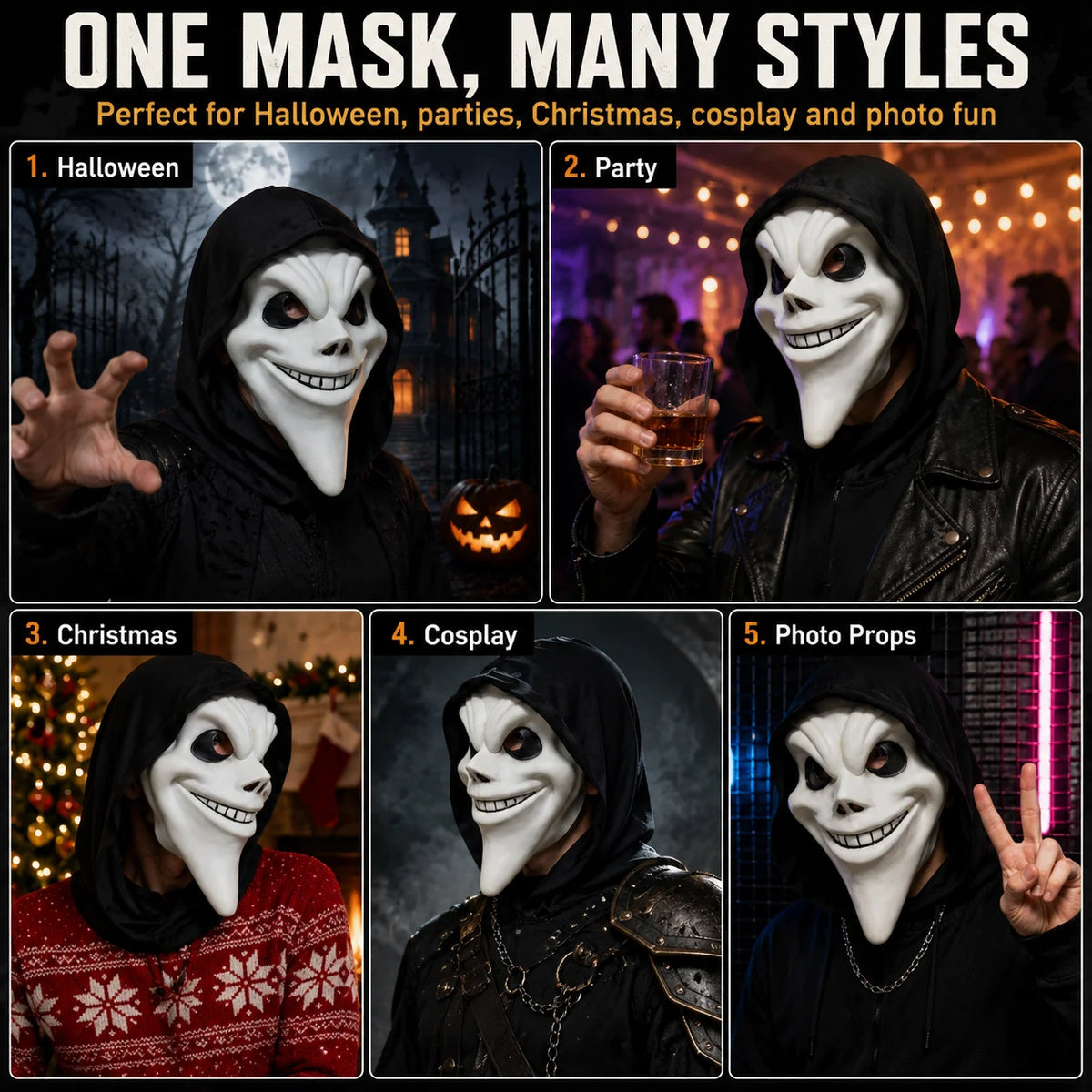 Ghost Face Mask Halloween Costume Funny Horror Killer Scary Movie Mask - product image 6