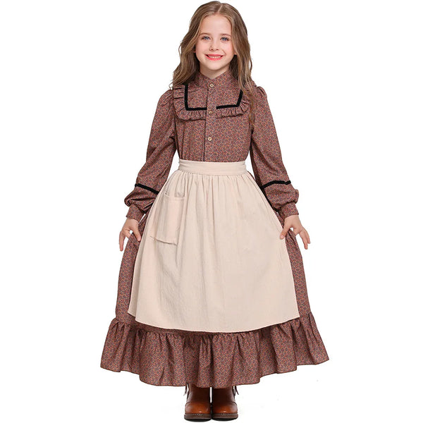 Girls Historical American Colonial Costume Little House Victorian Medieval Dress Brown Floral Halloween - product image 1
