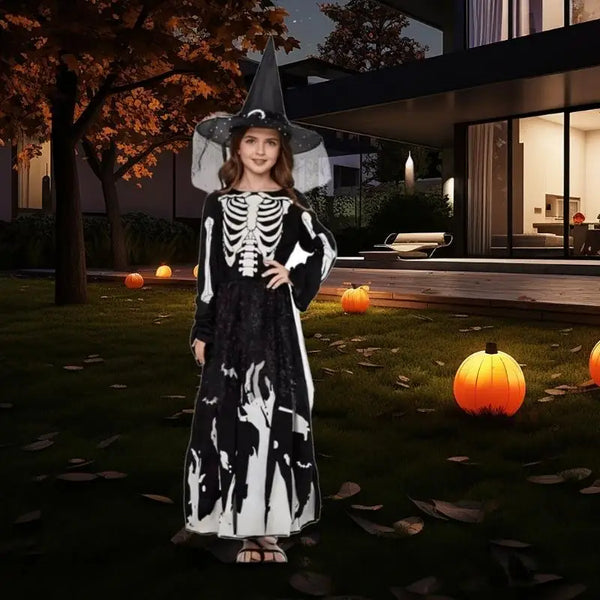 39BB Glow Skeleton Ghostly Witch Costume Witch Hat,Ghosty Skeleton Dress Cosplay Halloween Costume Kids Girls - product image 1