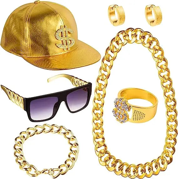 PESENAR 80s 90sHip Hop Costume Kit Metal Chain Flat Top Sunglasses Rapper Big Chain