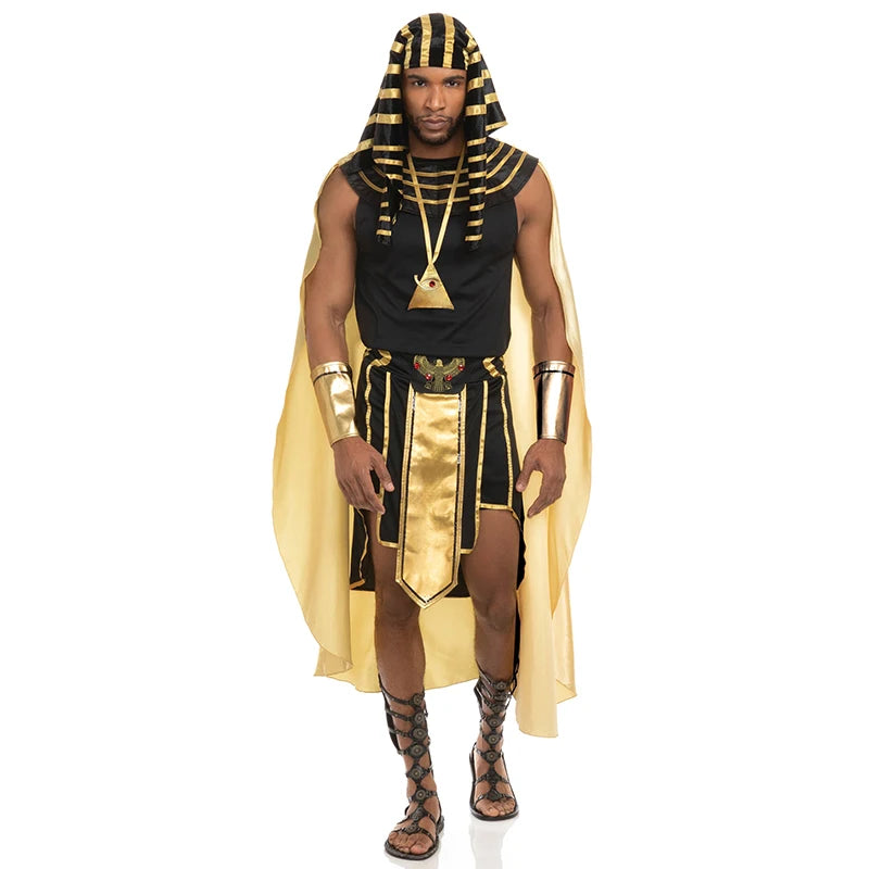 Men Egyptian Costume Set 7 Pcs Golden Trim Tank Tops Skirt Arm Sleeves