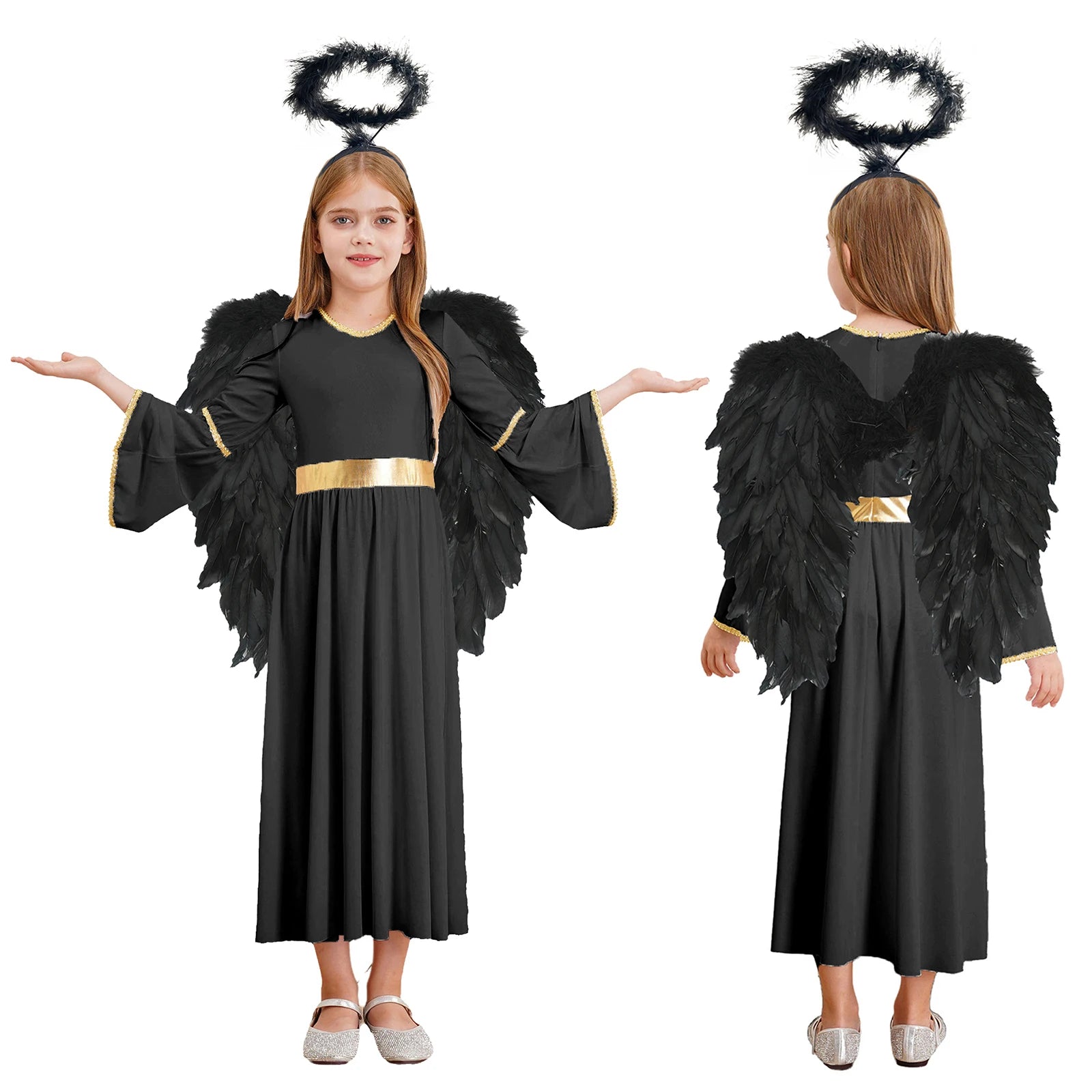 Girls Angel Costume Halloween Greek Goddesses Theme Dress Up Gold Trim Gown Dress Hairband - Black / 10