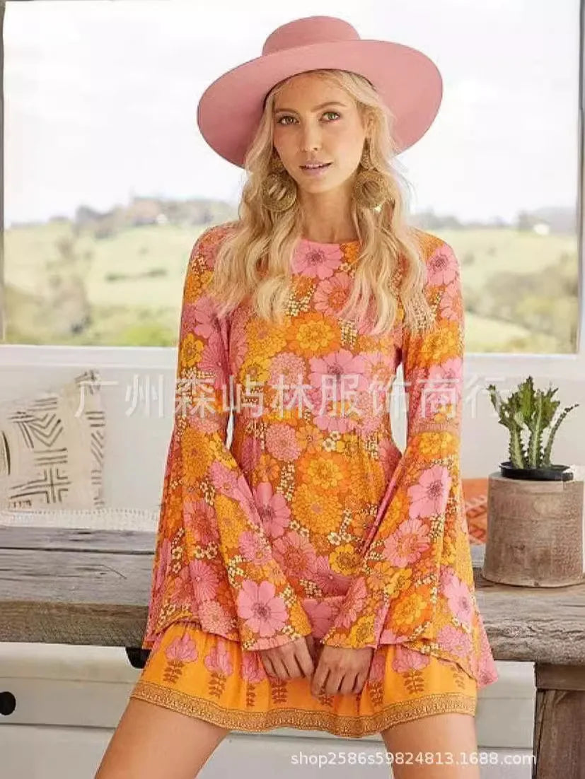 Women's Halloween O Neck Dress Hippie Role-playing Costume Flower Retro Groovy Floral - Discount Halloween City