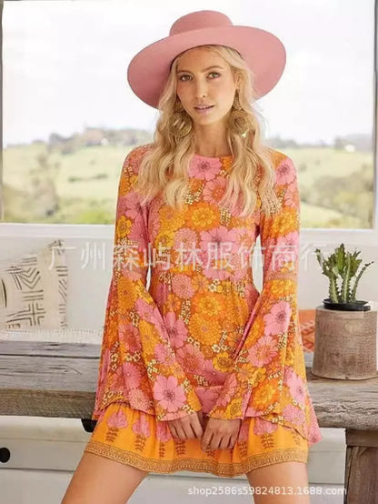 Women's Halloween O Neck Dress Hippie Role-playing Costume Flower Retro Groovy Floral - Discount Halloween City