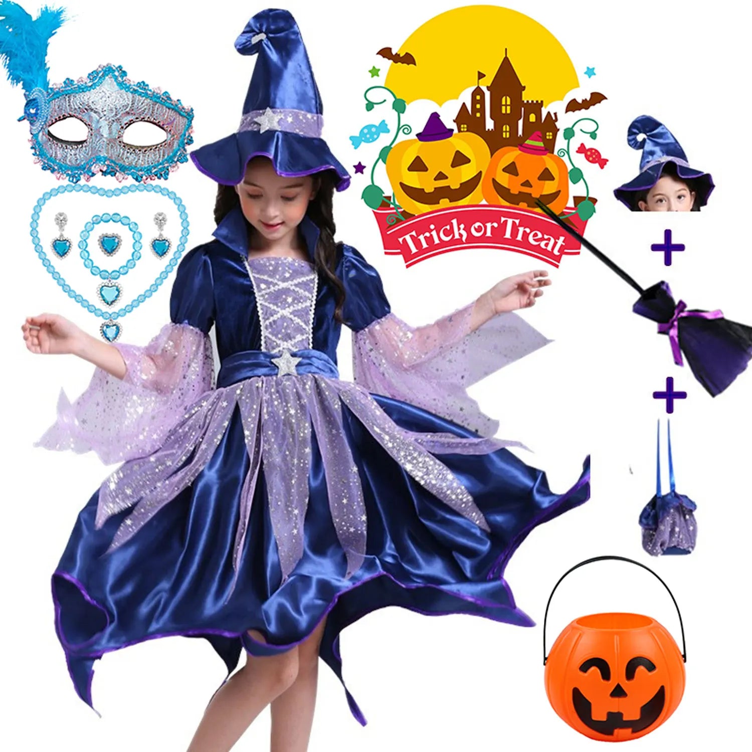 Halloween Blue Witch Costume for Girls with Witch Hat Wand Bag Accessory Set 2-12T Girl Party Dress Vestidos - product image 1