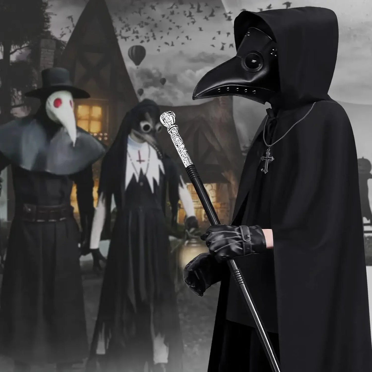 Halloween Plague Doctor Mask And Cloak Costume Props Long Nose Beak Leather Masks For Adult Reaper Cloak - product image 2
