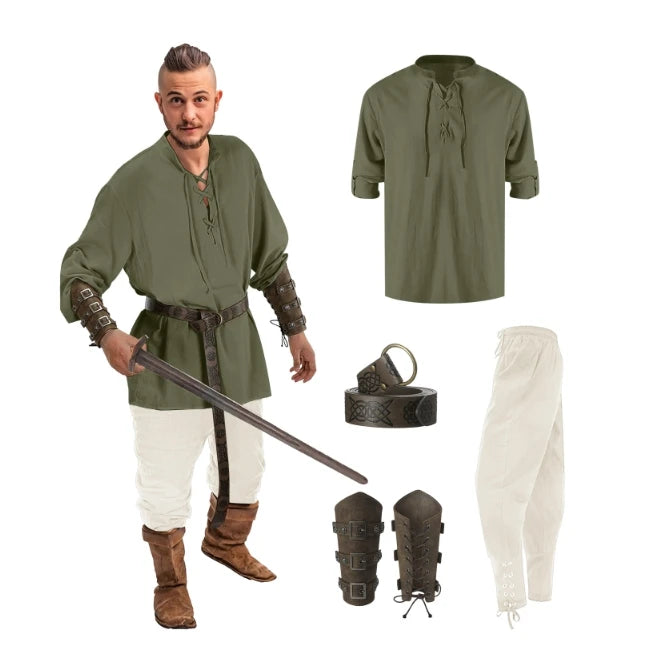 4 Pcs Halloween Men's Renaissance Costume Set Medieval Pirate Shirt Ankle Banded Pants Viking Belt Accessories - product image 18