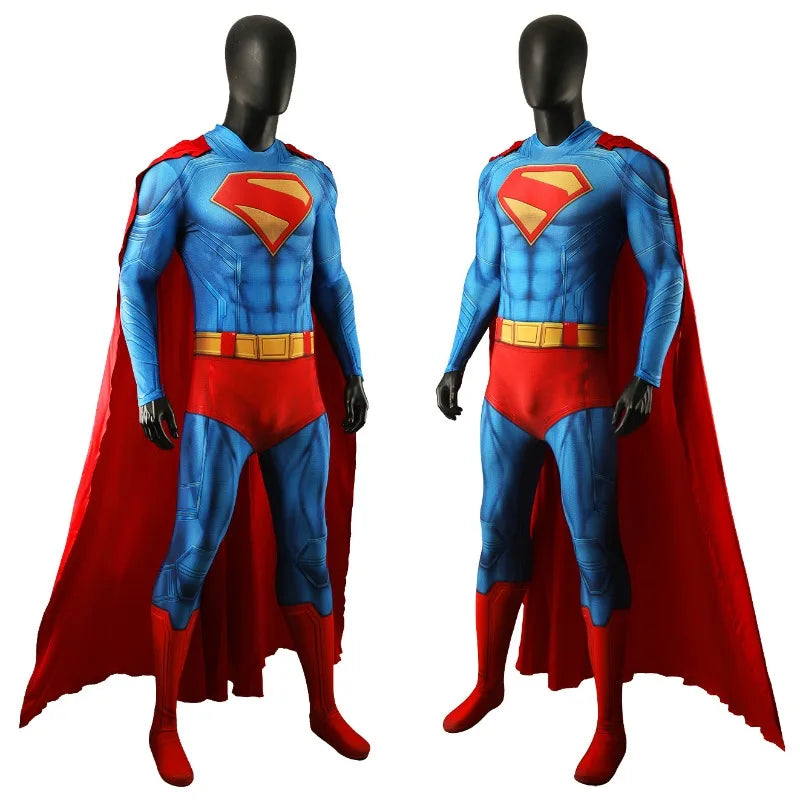 Superman Costume 3D Printed Blue Zentai Jumpsuit with Red Cape for Men Superhero Halloween - Clothes Cloak / XXL