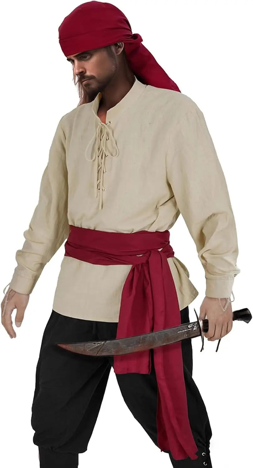 Mens Pirate 3 Pcs Costume Set Renaissance Pirate Shirt Medieval Costume Viking