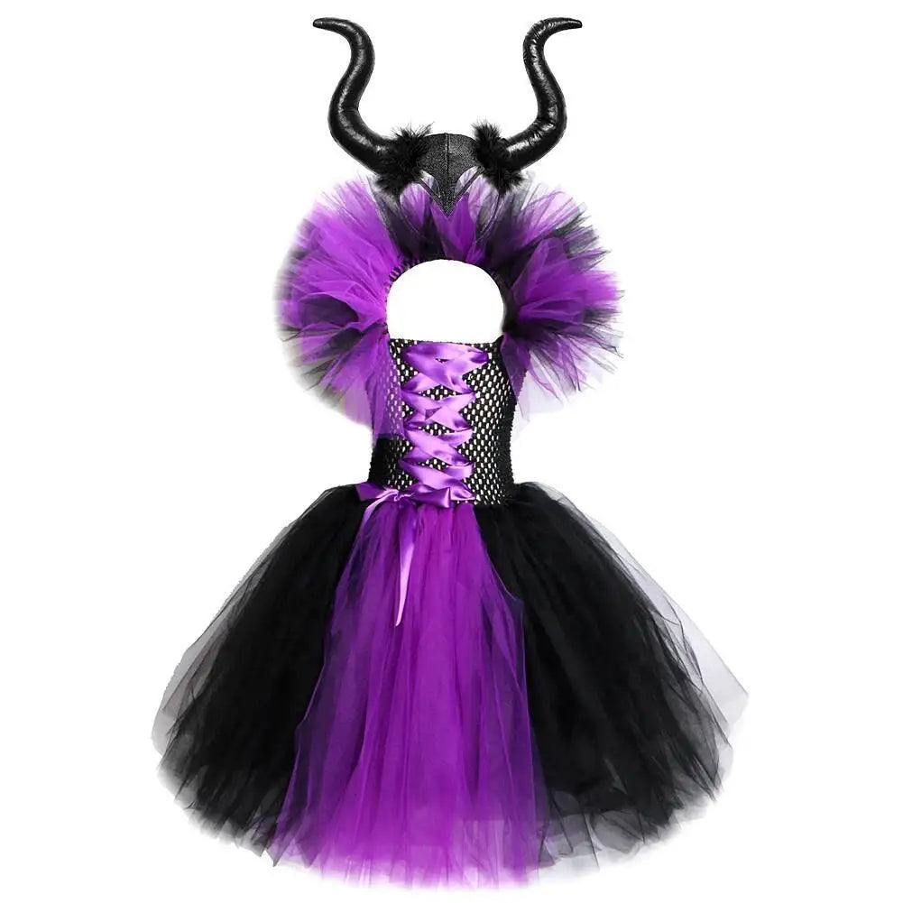 Girls Black Purple Dark Fairy Queen-Inspired Long Costumes with Feather Wings Horns