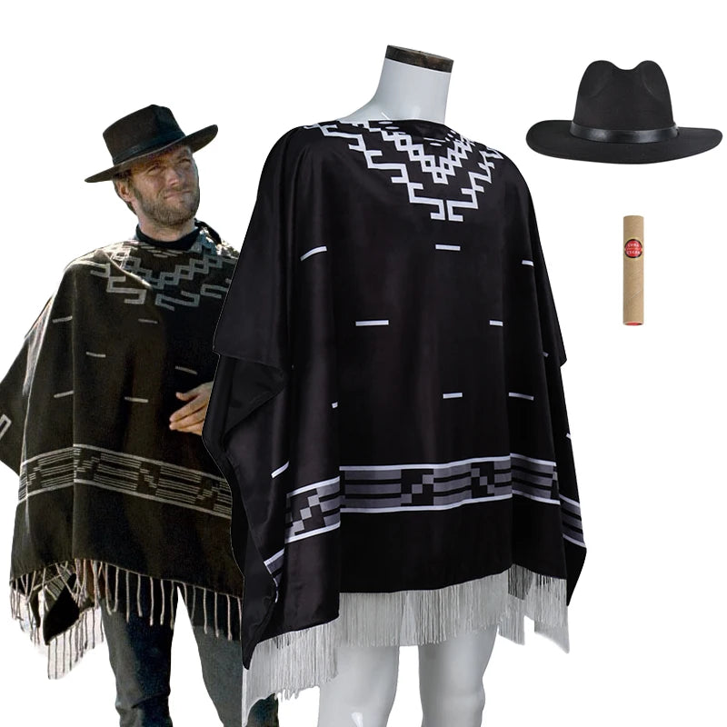 Men's Cowboy Movie Clint Eastwood Poncho Serape Aztec Pattern Costume