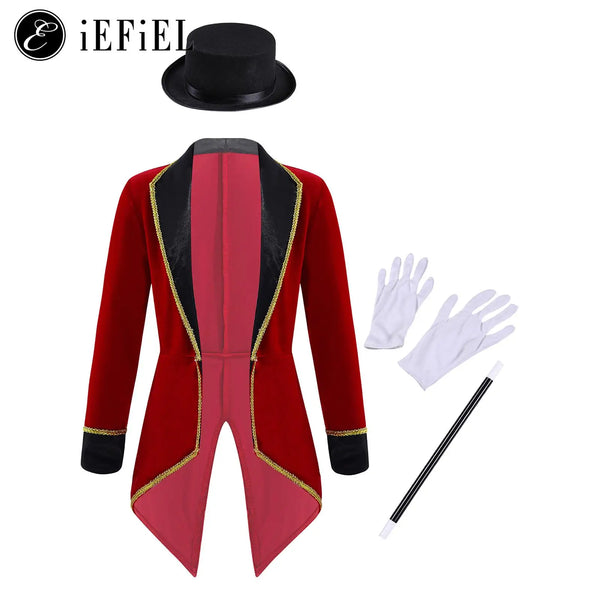Boys Girls Halloween Circus Ringmaster Costume Tailcoat Canivals Lion Tamer Costume - Burgundy / 6