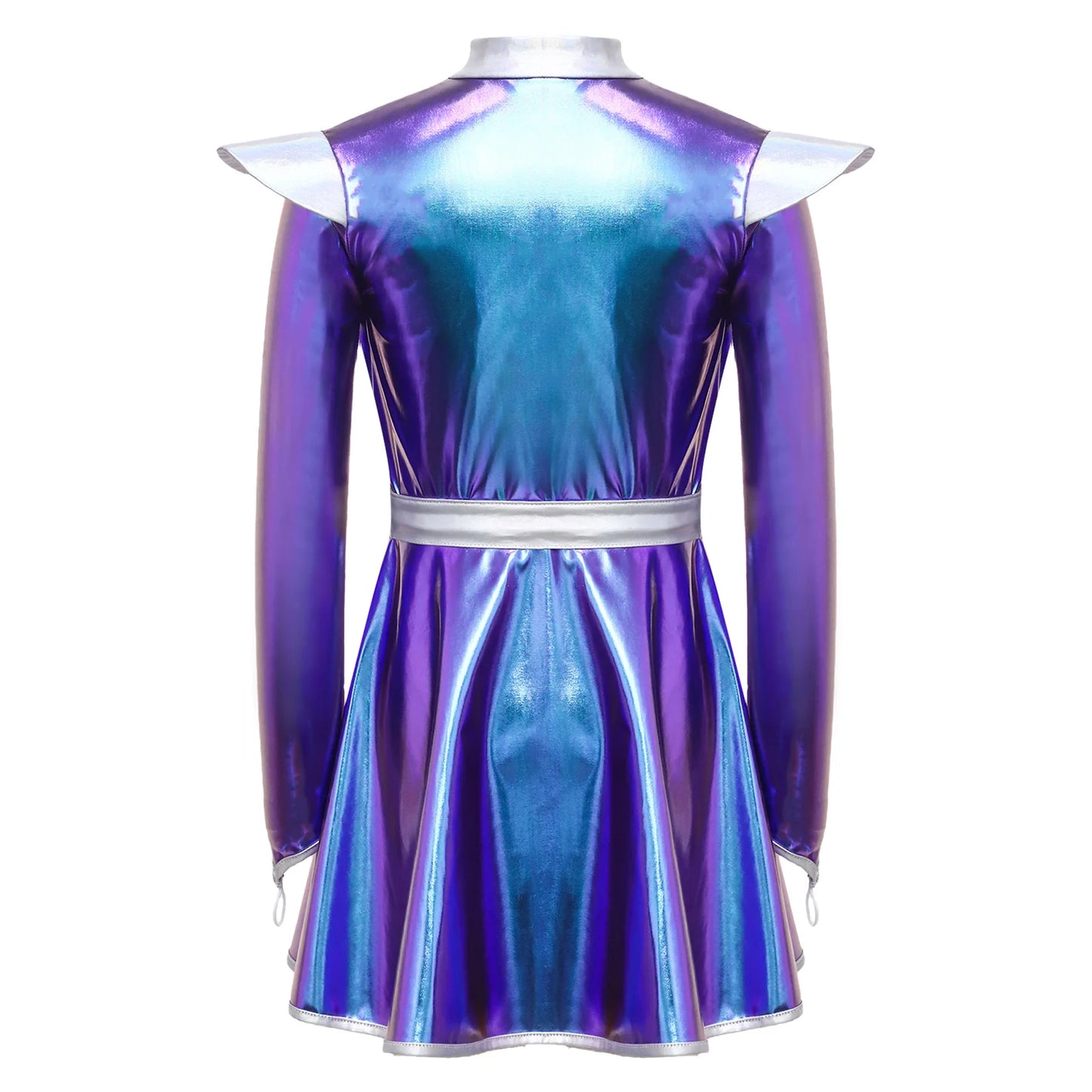 Kids Halloween Alien Costume Girls Metallic Shiny Zipper A-line Tutu Dress for Outer Space Robot Astronaut - product image 3