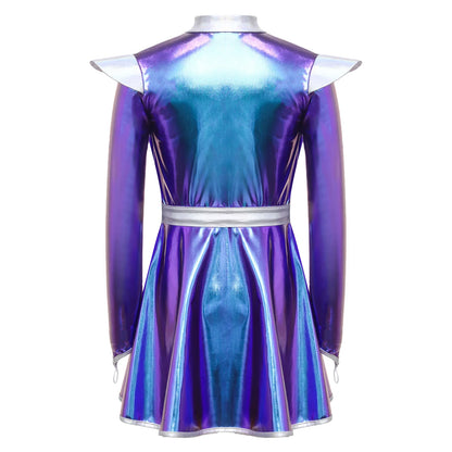 Kids Halloween Alien Costume Girls Metallic Shiny Zipper A-line Tutu Dress for Outer Space Robot Astronaut - product image 3