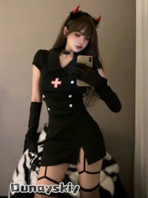 Dark Devil Costume Sexy Devil Nurse Uniform Set Black White Women's Dresses For