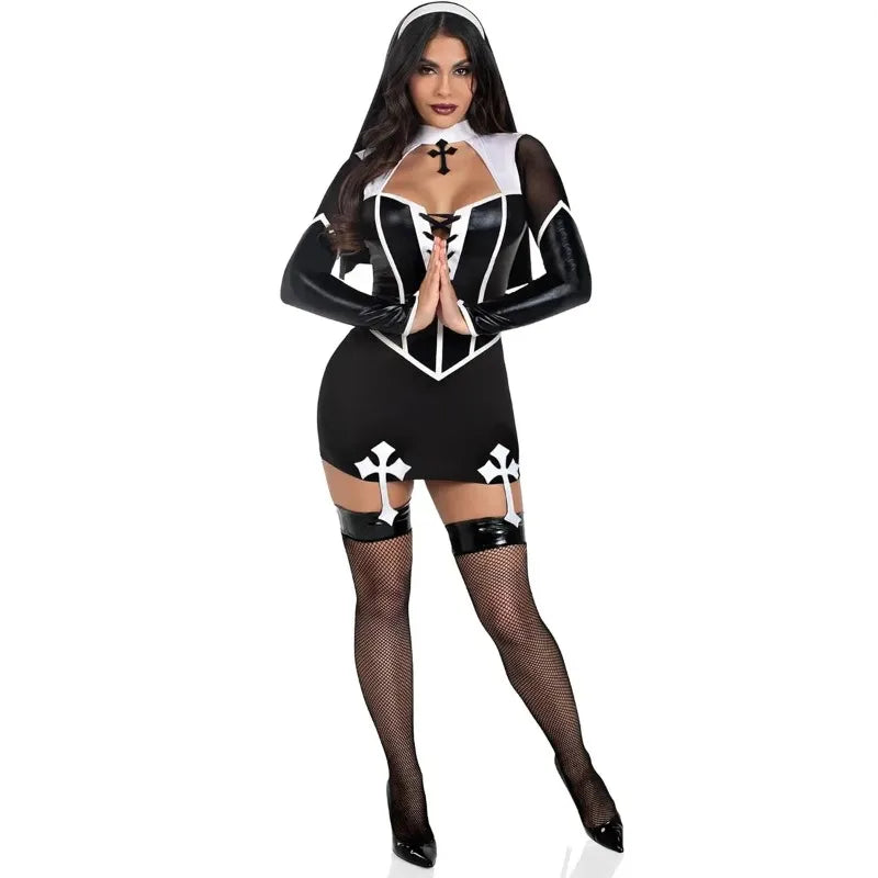 Women's Women's Women Halloween Nun Costume Sexy Black Pu Leather Hollow Nun - product image 6