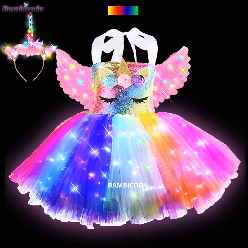 Girls Shiny Unicorn Tutu Led Lighting Dress Glowing Dresses Princess Dress Clothing