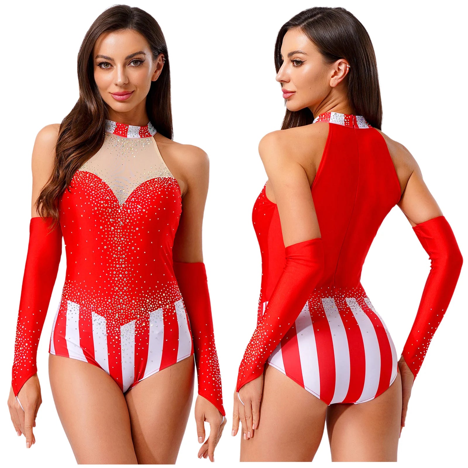 Halloween Women Circus Ringmaster Master Costume Bodysuit with Gloves Sleeveless Patchwork - Black / M