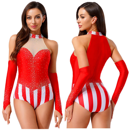 Halloween Women Circus Ringmaster Master Costume Bodysuit with Gloves Sleeveless Patchwork - Black / M