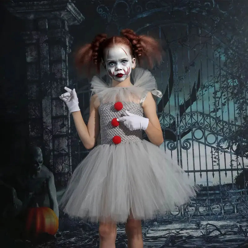 Girls Gray Creepy Clown Costume Handmade Mesh Tutu Dress Kids Halloween Carnival Cosplay