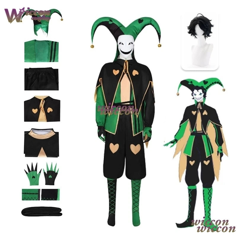 YESoK Adult Clown Costume Freak Circus Pierrot & Harlequin Jester Set for Halloween - pierrot wig / S