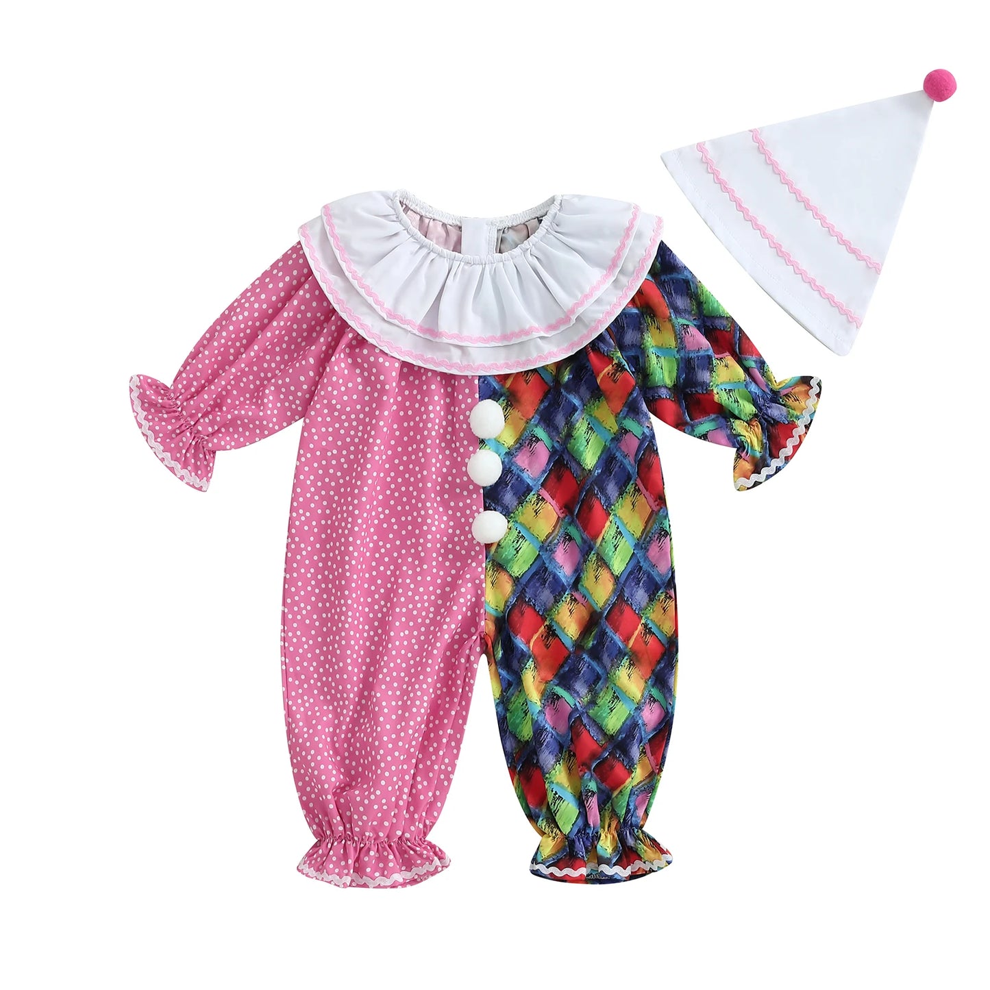 Toddler Baby Clown Halloween Costume Contrast Color Sleeve Jumpsuit and Hat 2 Pcs Set - A / 6-12M