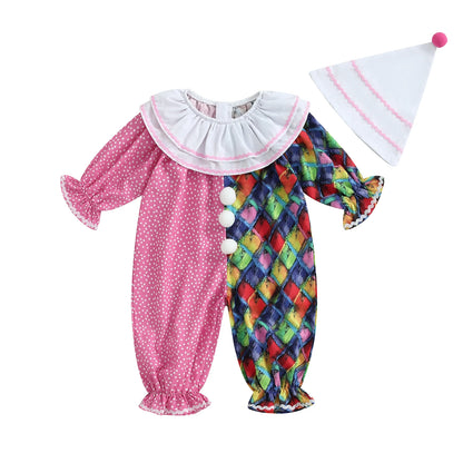 Toddler Baby Clown Halloween Costume Contrast Color Sleeve Jumpsuit and Hat 2 Pcs Set - A / 6-12M