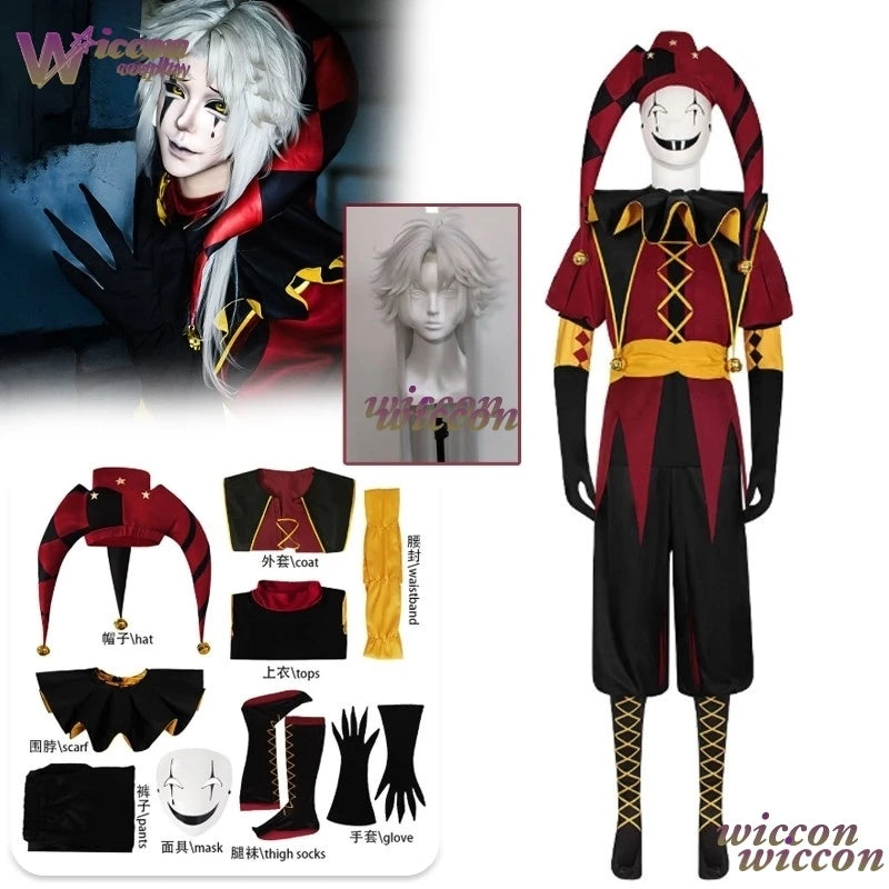 YESoK Adult Clown Costume Freak Circus Pierrot & Harlequin Jester Set for Halloween - harlequin wig / XXXL