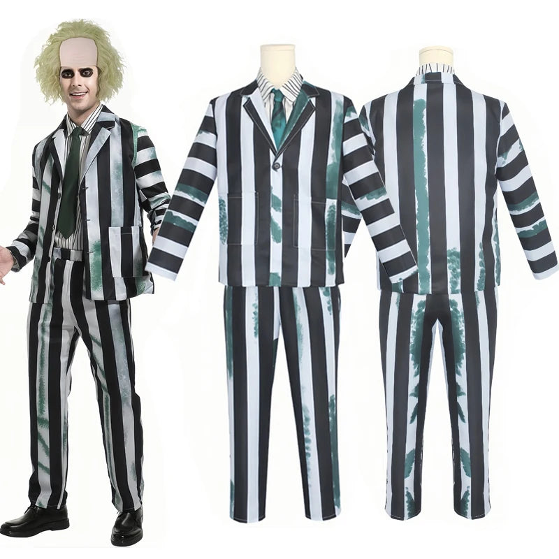 Adult Men's Costume Black and White Striped Suit with Wig for Halloween Costume Outfit - Costume and Wig / XXL