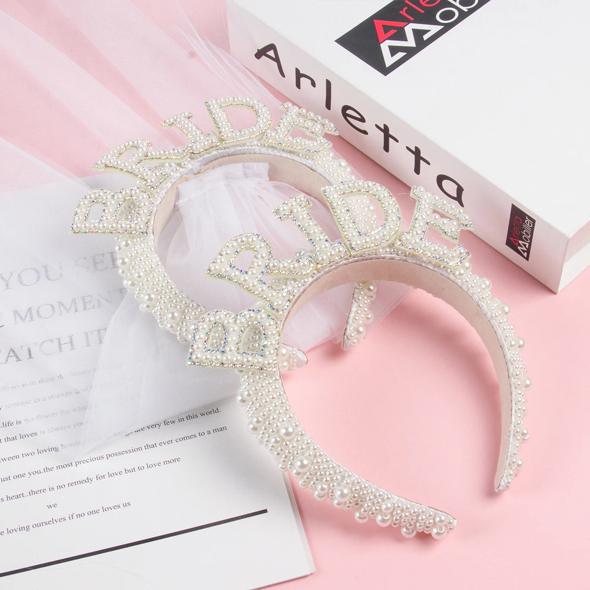 White Bride Headband Pearl Crown with Veil Bride To Be Wedding Decoration - product image 3