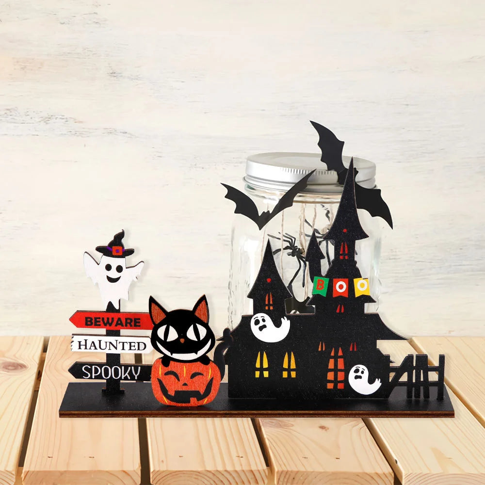 Halloween desktop decoration, haunted house pumpkin wooden center logo, eerie - product image 3