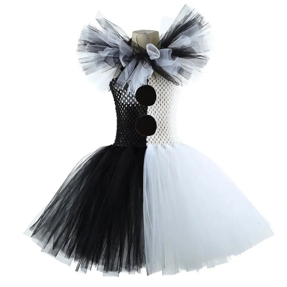 Girls Halloween Clown Costume Dress Kids Black White Scary Clown Dress with Hat Socks - Clown Suit 2 / 2-3Y