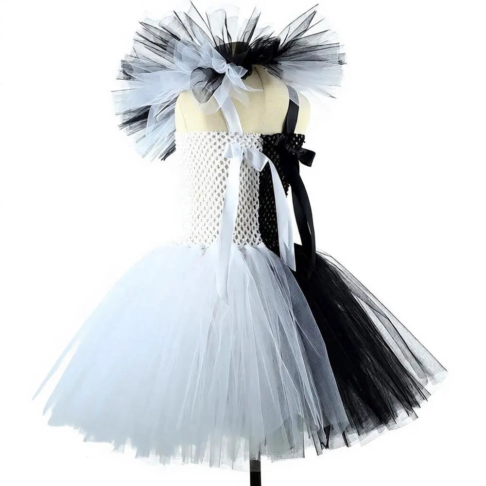 Girls Halloween Clown Costume Dress Kids Black White Scary Clown Dress with Hat Socks - Clown Dress / 10-12Y
