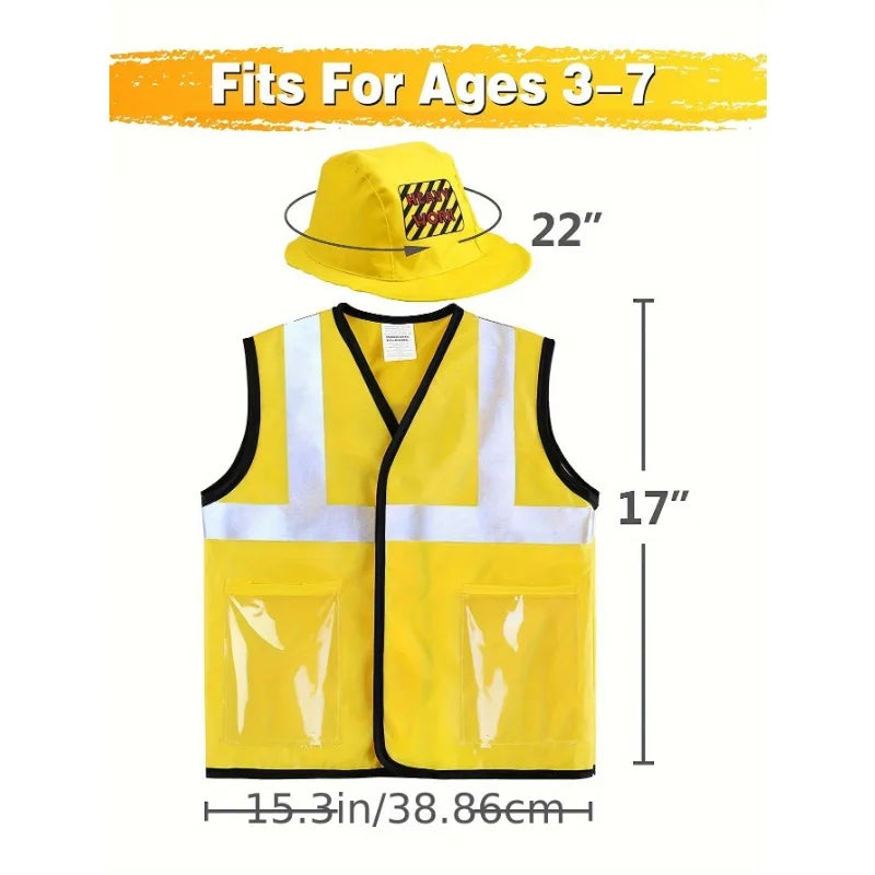 Toddler Construction Worker Vest Costume, Worker 5 Piece Playset, Yellow Reflective Vest With