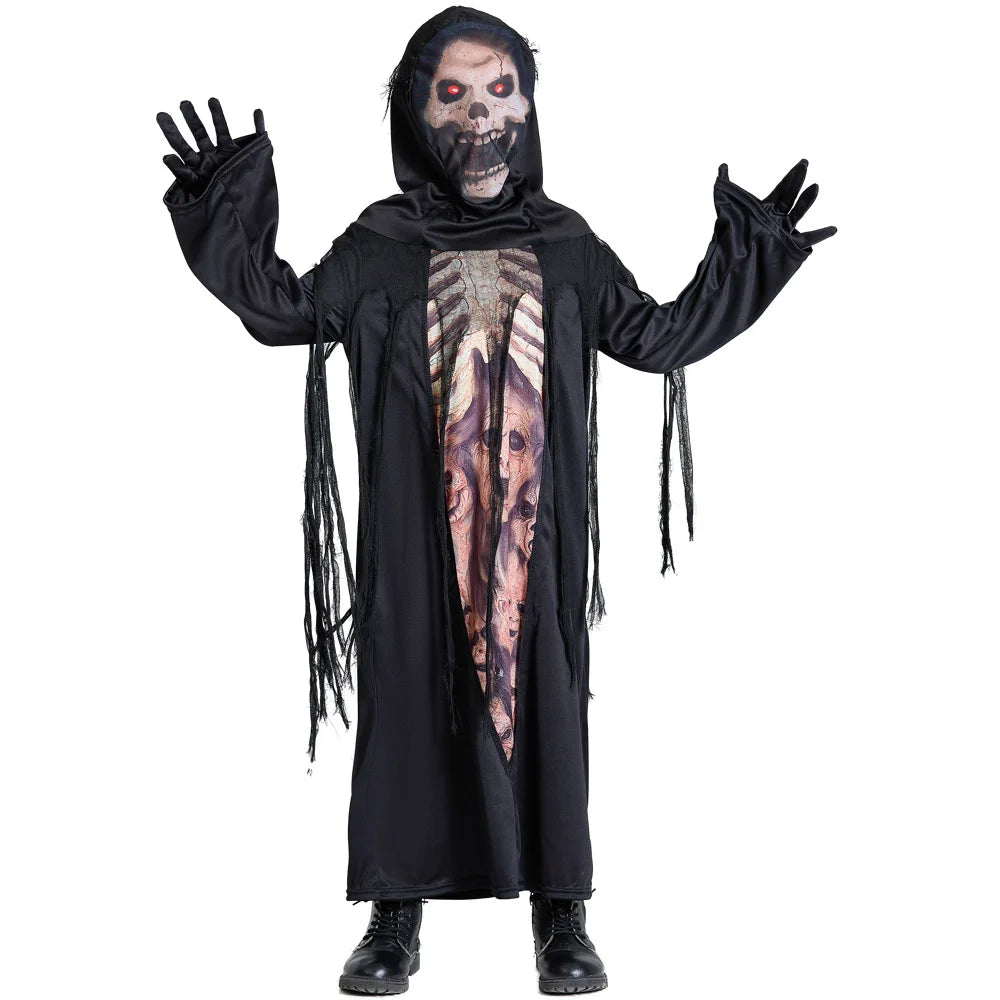 Kids Black Grim Reaper Costume – Hooded Robe, Headgear & Gloves