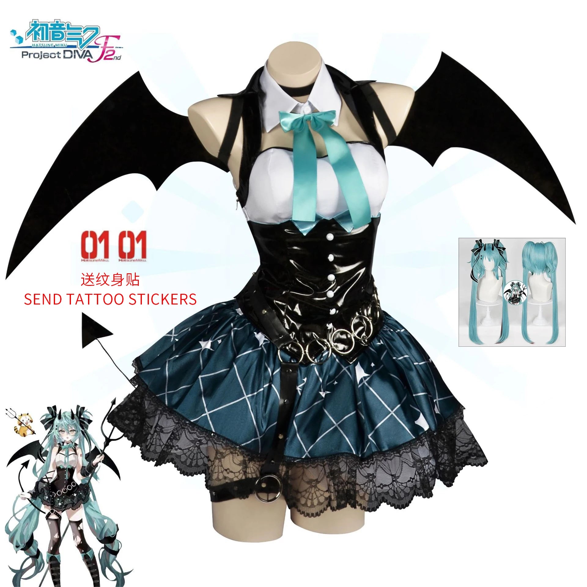 Anime Demon Miku Costume Women Sexy Dress Wings Suit Miku Cute Devil Uniform with Tail - full set / M