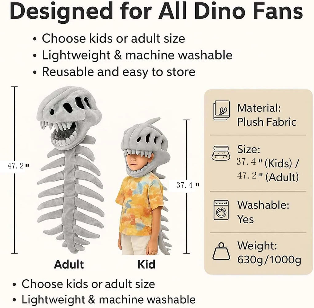 Dinosaur Skeleton Hat Funny Soft Dinosaur Skeleton Cos Props Dinosaur Skeleton Costume For Kids and Adult - product image 6