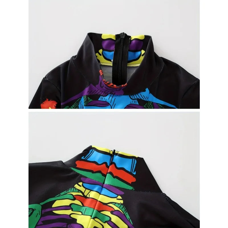Kids' Skeleton Theme Sleeve Stretchy Fitted Full Color Halloween Costume - 01 / XL